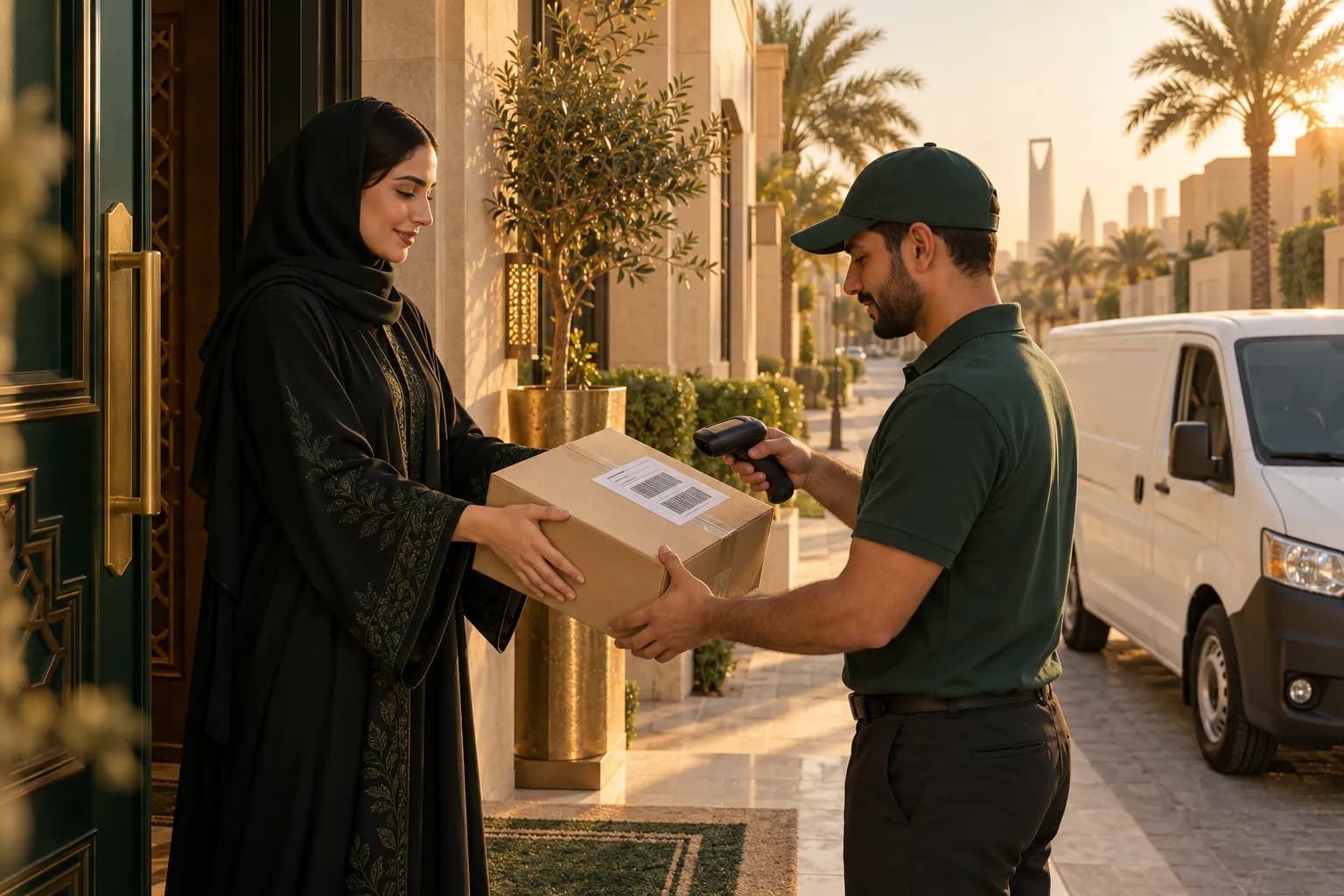 مندوب شحن يمسح طردًا مرتجعًا تسلّمه من شابة سعودية عند باب فيلا في الرياض، وخلفهما شاحنة توصيل بيضاء