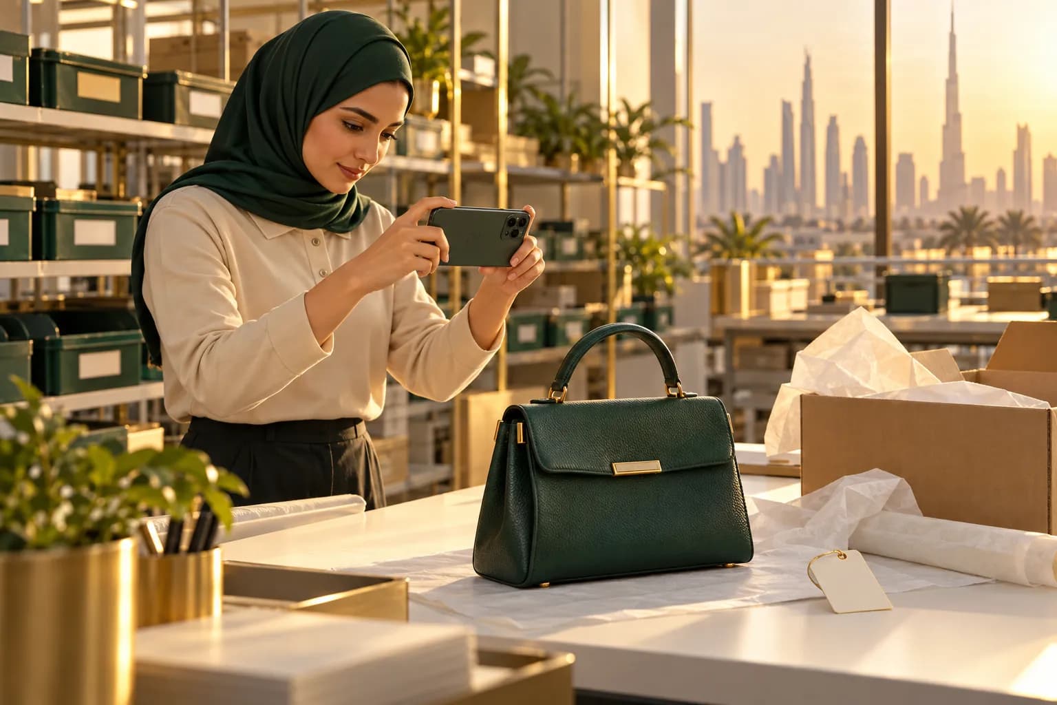 موظف مستودع يصوّر حقيبة يد مرتجعة بهاتفه على طاولة الفحص في مركز تجهيز طلبات مشرق في دبي