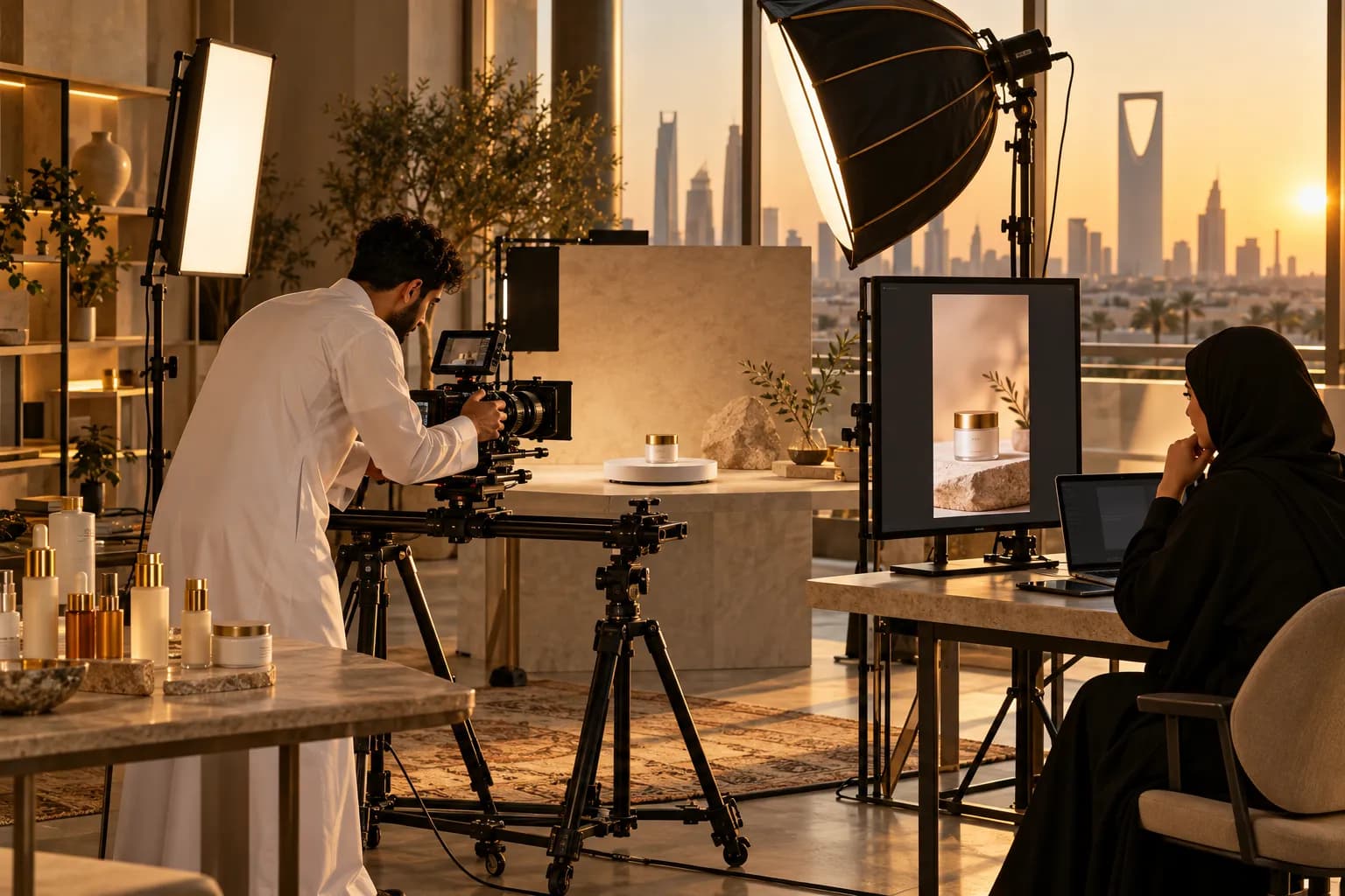 A Saudi videographer filming a skincare jar on a slowly turning white turntable in a Riyadh studio, while a female assistant in a modest abaya checks a vertical phone-format preview on a monitor
