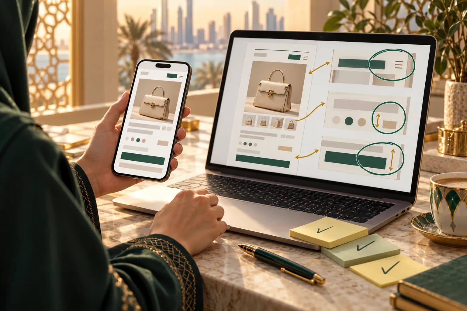 مختص اختبار جودة يقارن صفحة منتج عربية على الجوال بلقطات شاشة مشروحة لأخطاء التخطيط على حاسوب محمول