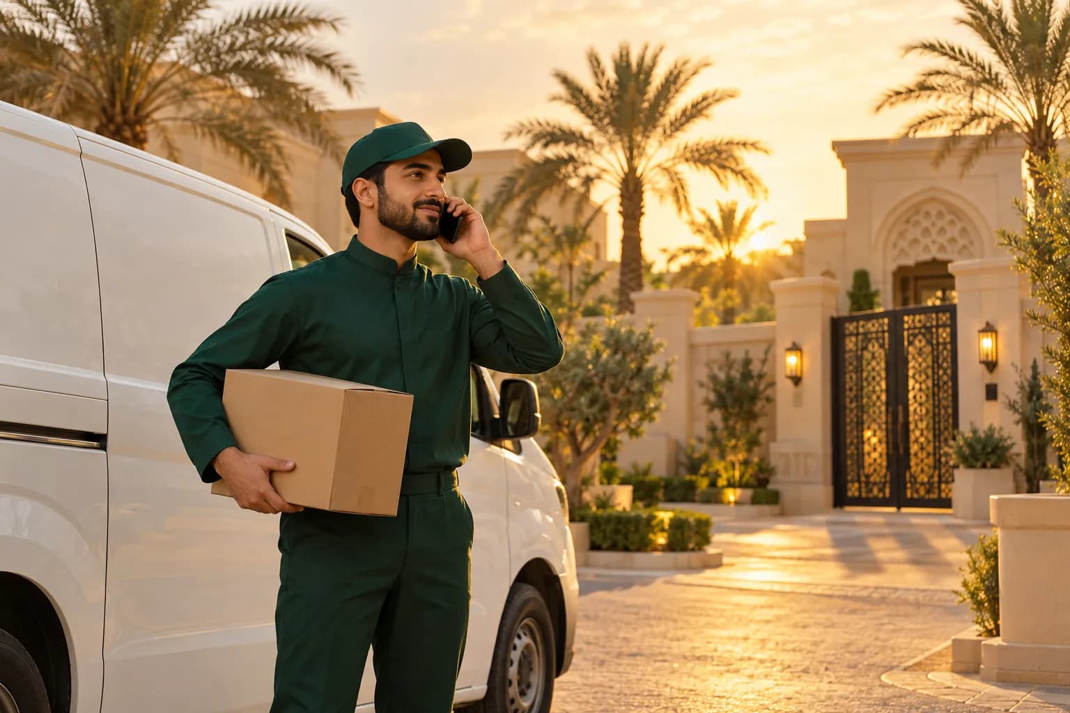 A courier in a uniform stands beside a delivery van outside a Riyadh villa at golden hour, phoning the customer while holding a parcel