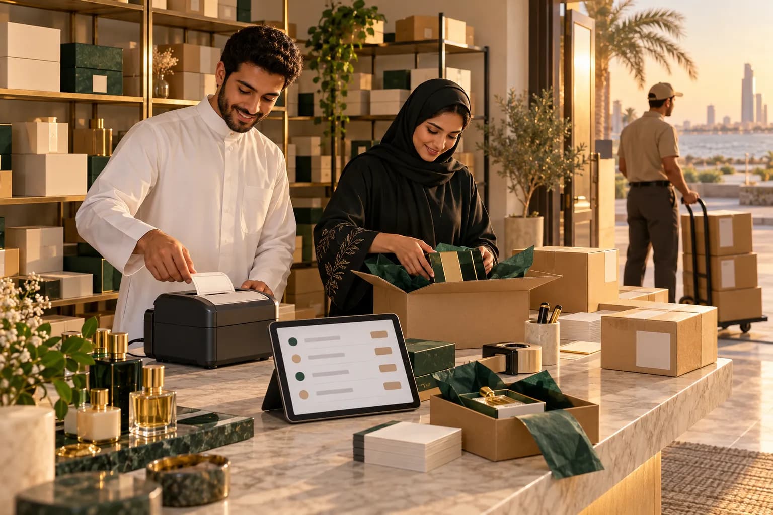 A small Saudi online shop team printing a shipping label and packing a gift box while a courier waits at the door