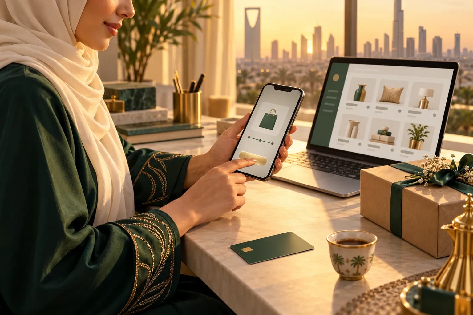 صاحبة متجر سعودية بالحجاب تنفذ طلباً تجريبياً على جوالها عند مكتبها، وبجانبها بطاقة بنكية وطرد صغير وحاسوب مفتوح