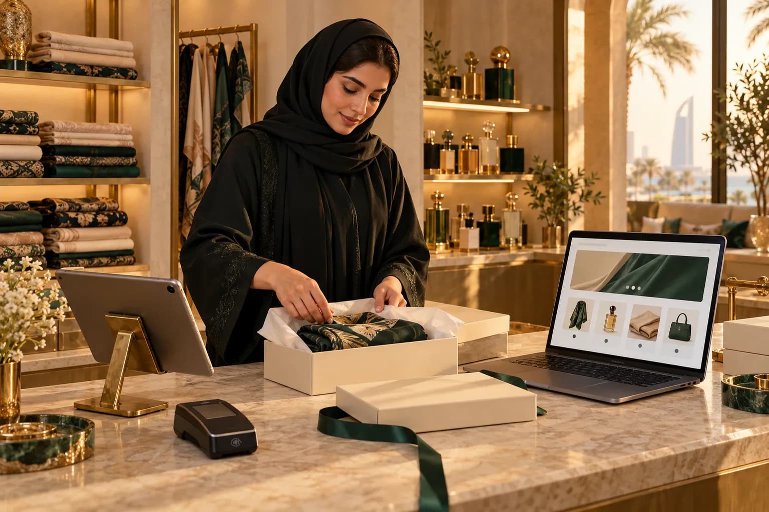 A Saudi boutique owner packing an online order beside a laptop showing an Arabic store dashboard and a tablet point-of-sale on the counter