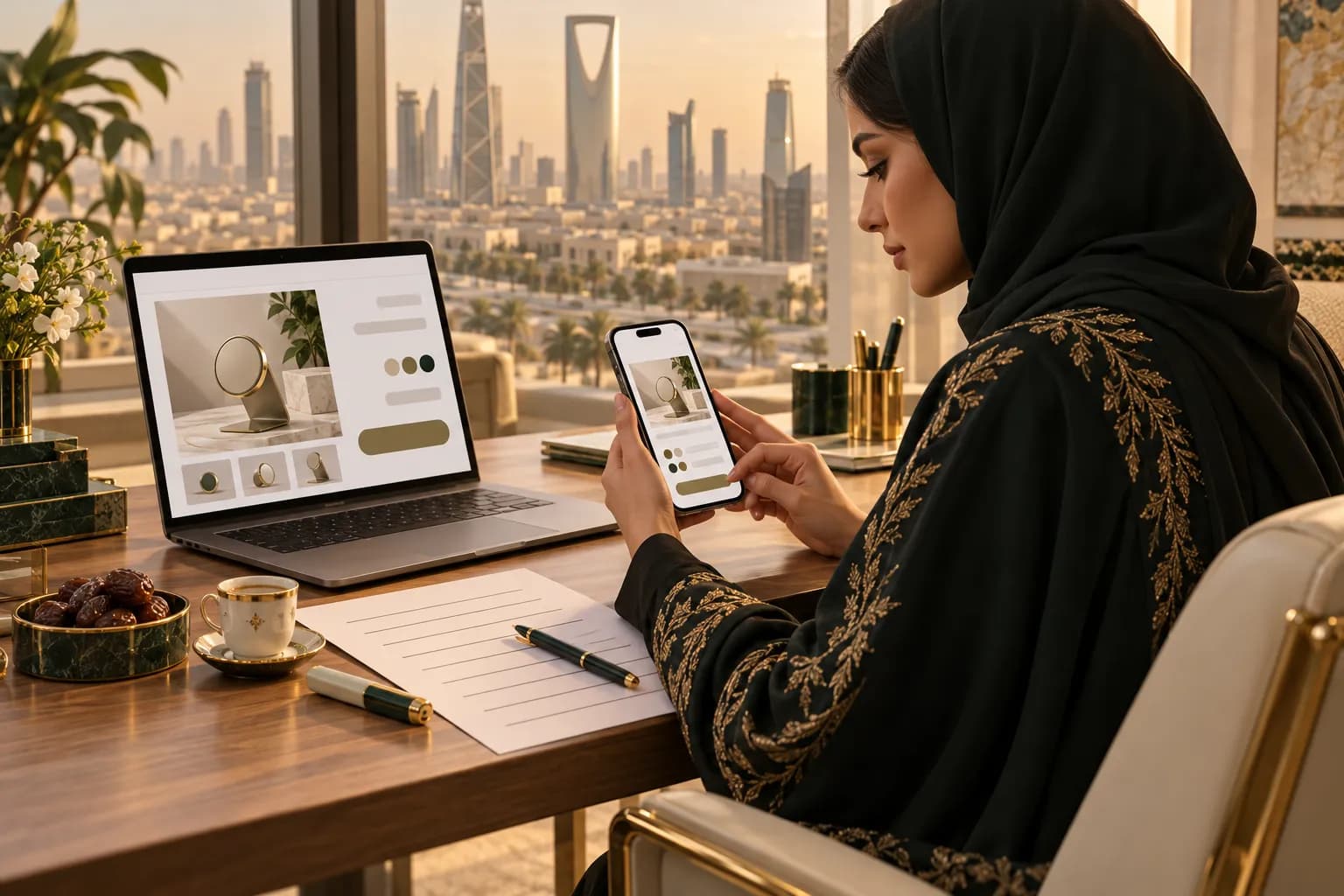A Saudi editor in a Riyadh office checking an Arabic product page on a phone against a printed glossary, with a laptop showing the same page