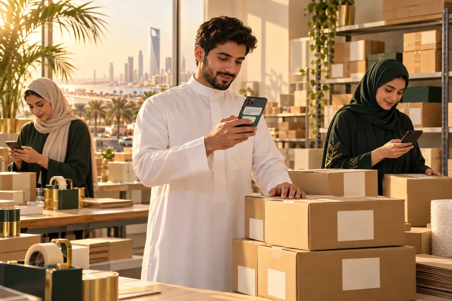 فريق متجر سعودي صغير يؤكد طلبات الدفع عند الاستلام عبر الجوال بجانب طرود مرصوصة في مستودع بجدة
