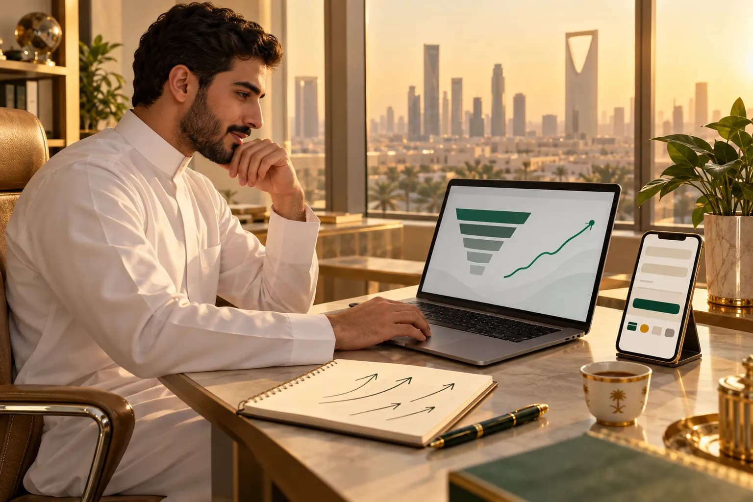 A young Saudi founder in a white thobe reviewing a conversion funnel chart on a laptop beside a phone showing an Arabic checkout, in a sunlit Riyadh office