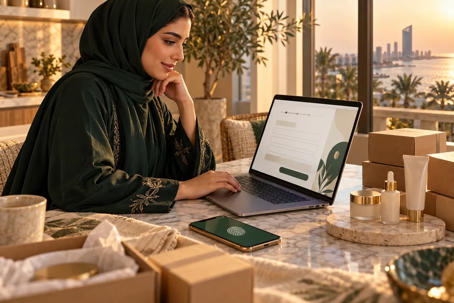 مؤسِّسة سعودية شابة في بيتها تُكمل نموذج تسجيل منشأة إلكترونيًا على الحاسوب، وعلى الطاولة عينات منتجات