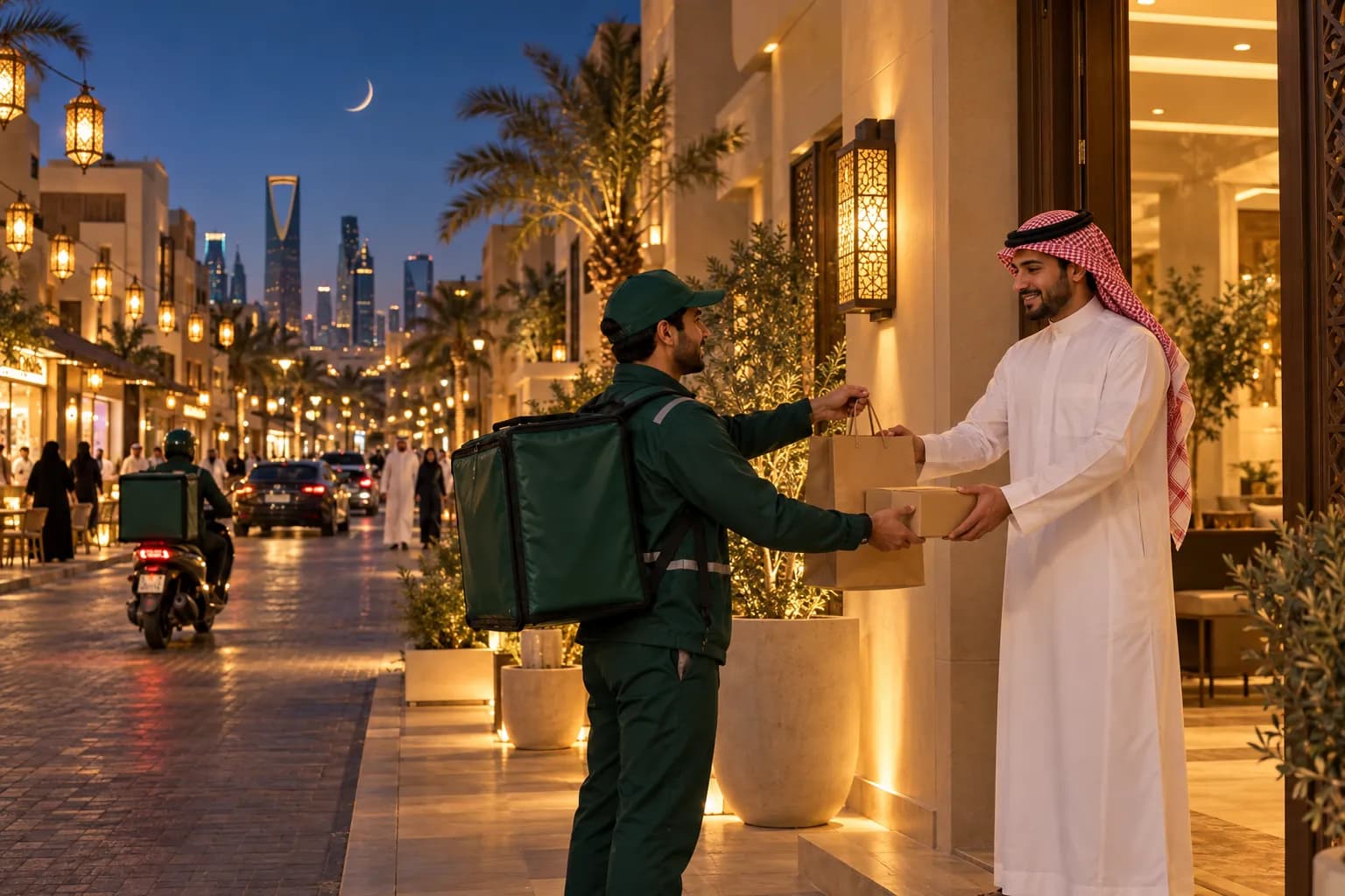 مندوب توصيل يسلّم كيس تسوق وطرداً لرجل بثوب أبيض أمام فيلا في الرياض في مساء رمضاني