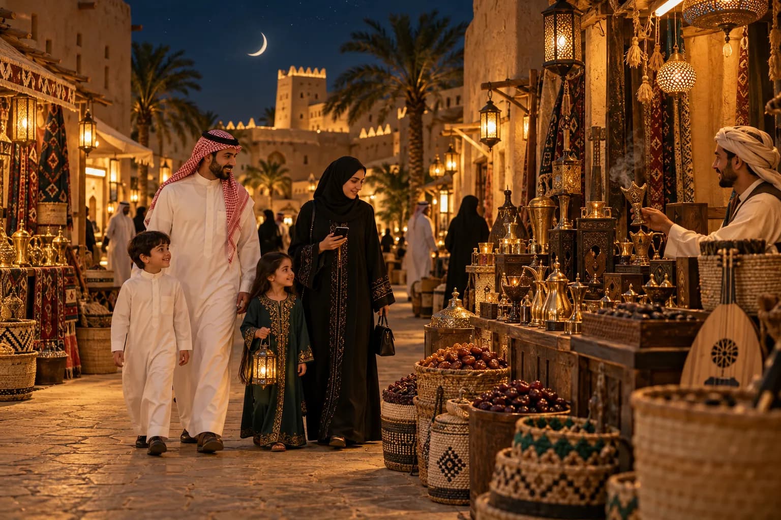 عائلة سعودية بالأزياء التقليدية تتجول في سوق تراثي طيني مضاء بالفوانيس ليلاً في رمضان
