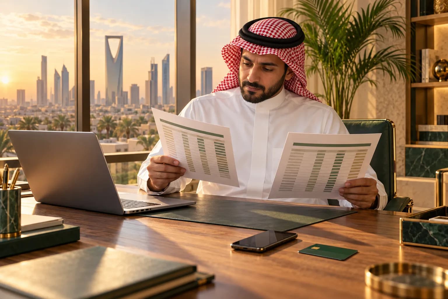 صاحب متجر سعودي على مكتب في الرياض يقارن بين ورقتي أسعار مطبوعتين بجانب حاسوب محمول وهاتف