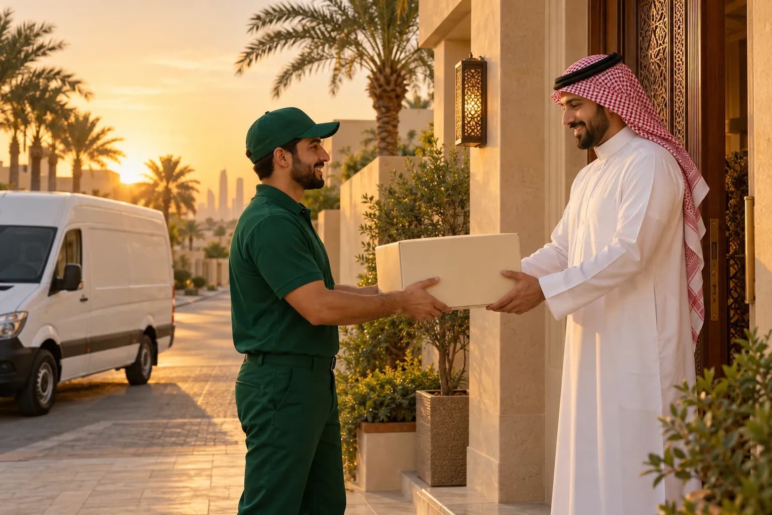 مندوب توصيل يسلّم طردًا لمتسوق سعودي عند باب فيلا في الرياض