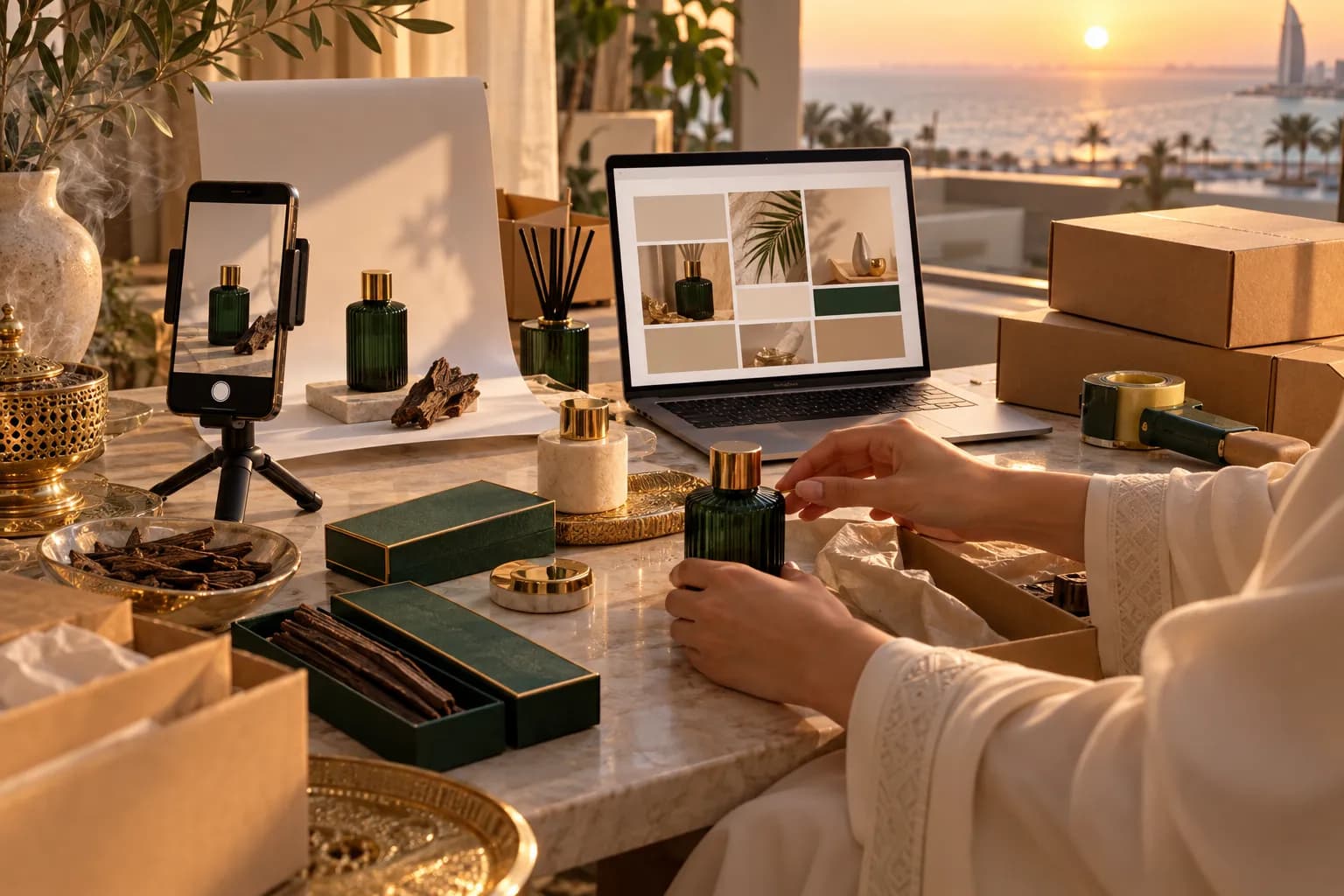 مؤسِّسة سعودية شابة على مكتب في بيتها في جدة ترتب عبوات عطور منزلية بجانب حاسوب محمول وقارئ بطاقات وصناديق شحن