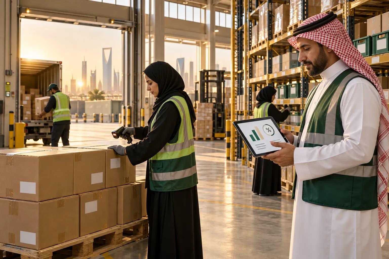 كراتين بضاعة لعلامة أجنبية تُستلم في مستودع تجهيز طلبات في الرياض، ومدير يراجع ملخصًا ضريبيًا على جهاز لوحي