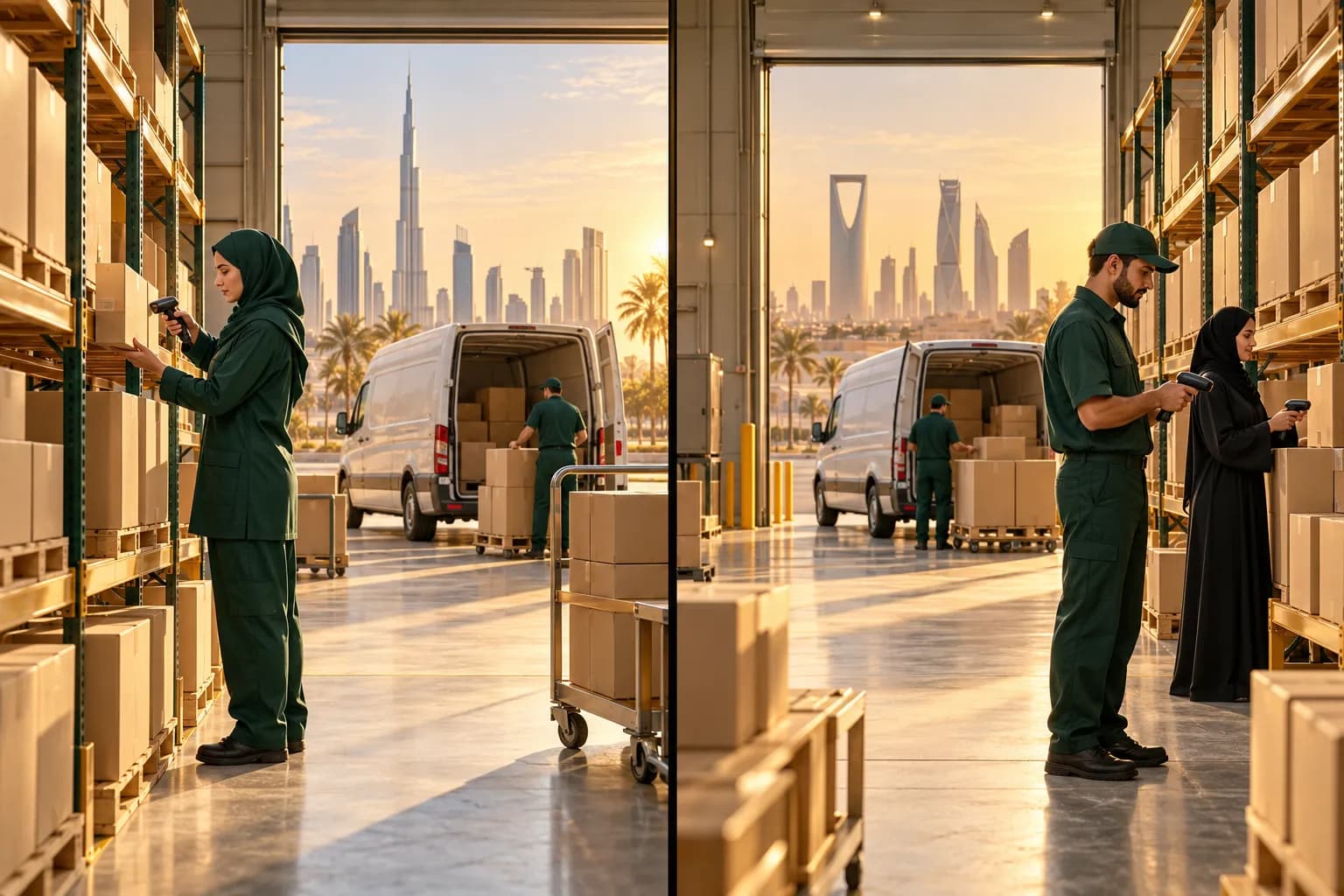 Two warehouse teams in matching uniforms, one in a Dubai free-zone warehouse and one in a Riyadh fulfilment centre, scanning the same product cartons on tidy shelves, with a delivery truck at each loading bay