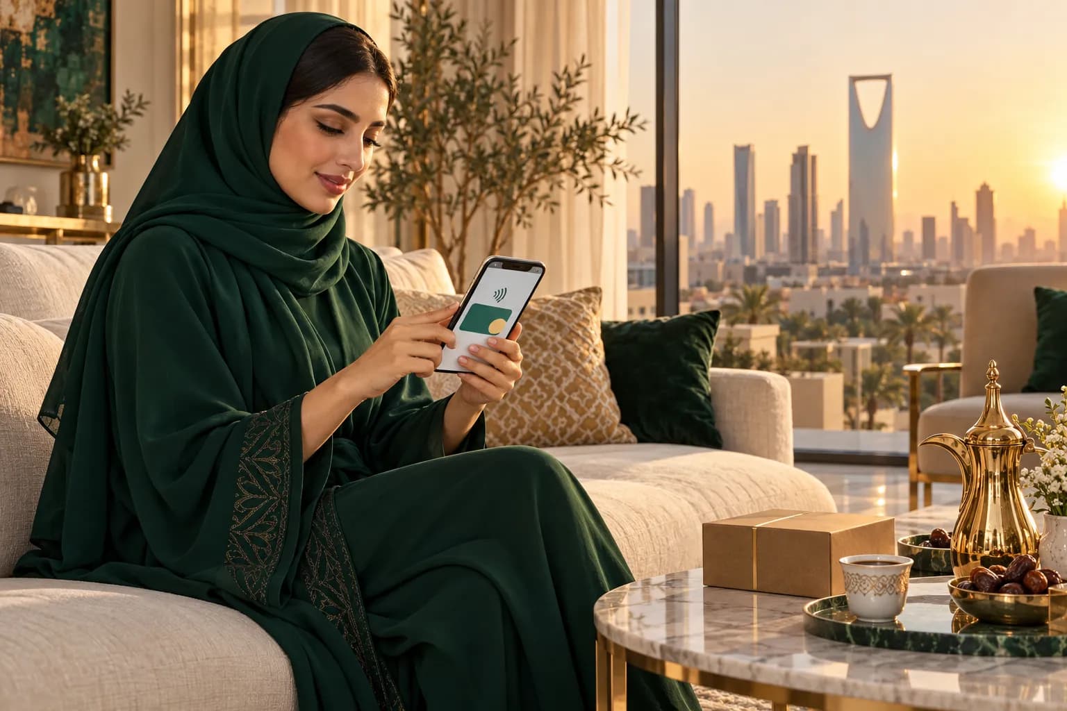 متسوق سعودي شاب يدفع ثمن طلب أونلاين بمحفظة الجوال في منزله بالرياض