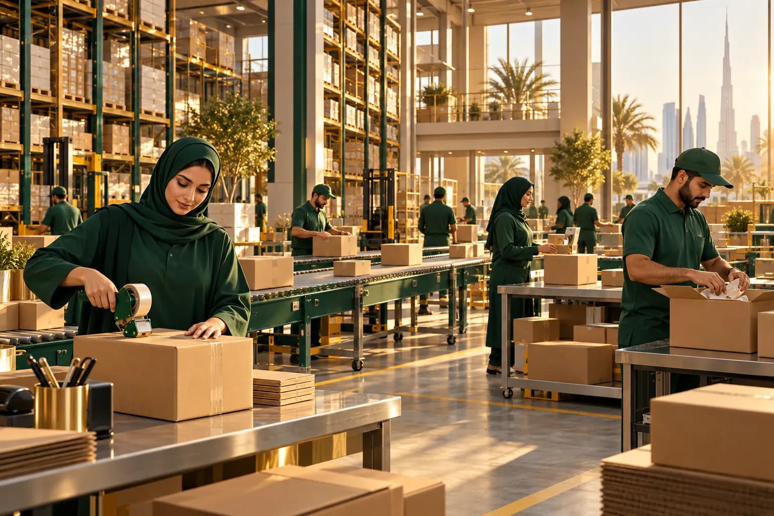عمال يجهزون طلبات التجارة الإلكترونية في مستودع خليجي مضيء مع طرود على سيور النقل