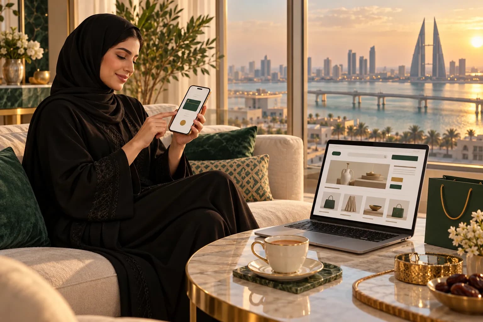 A young Bahraini woman in a modest abaya completing an online order on her phone with a wallet app beside a laptop showing a bilingual store in a bright Manama apartment