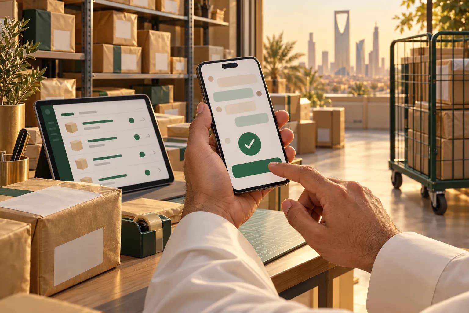 A Riyadh store owner checking WhatsApp order confirmations on a phone beside packed parcels