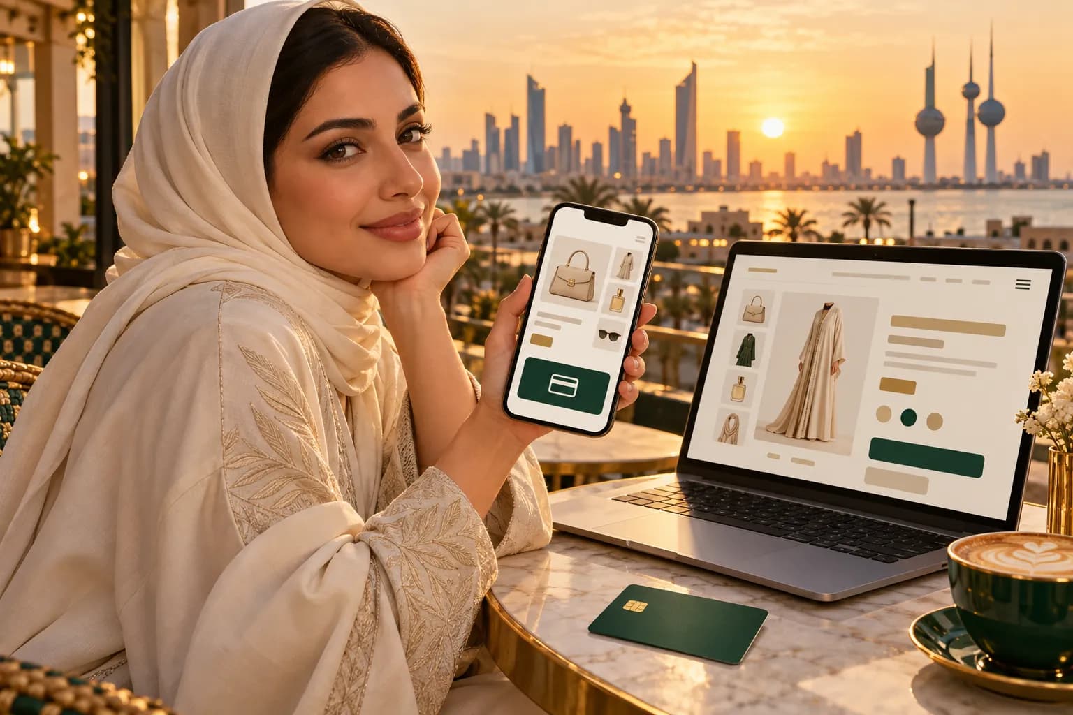 شابة كويتية في مقهى بمدينة الكويت تدفع ثمن طلب أونلاين من جوالها، وبجانبها بطاقة خصم وحاسوب يعرض صفحة منتج بالعربية