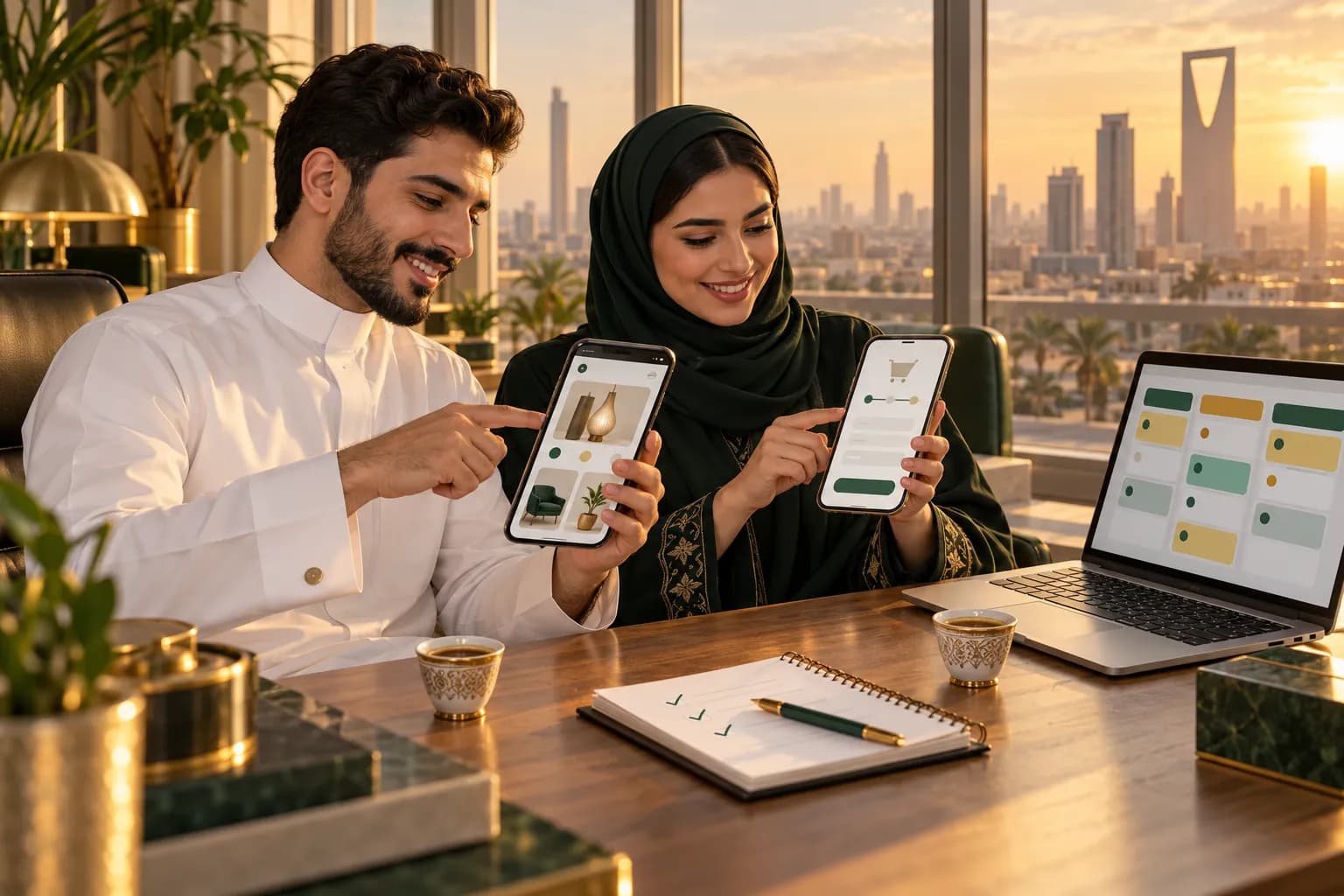 Two members of a Riyadh localization team testing an Arabic online store side by side on an iPhone and an Android phone at a desk