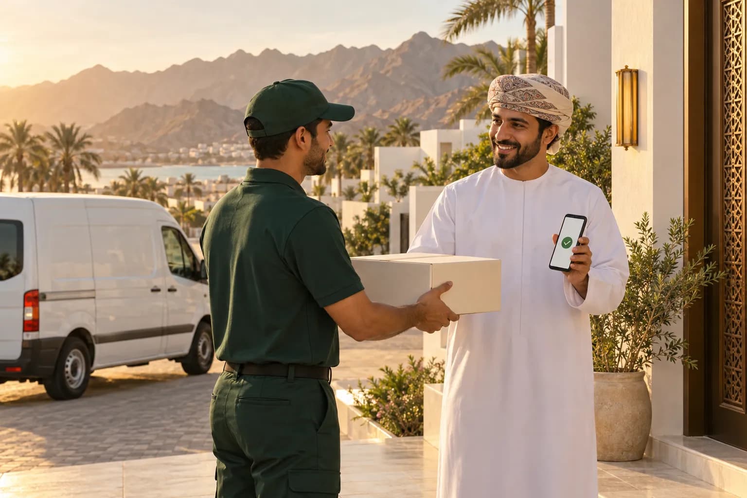 مندوب توصيل يسلّم طرداً بلون كريمي لرجل عُماني مبتسم بالدشداشة البيضاء أمام فيلا حديثة في مسقط وخلفهما جبال الحجر