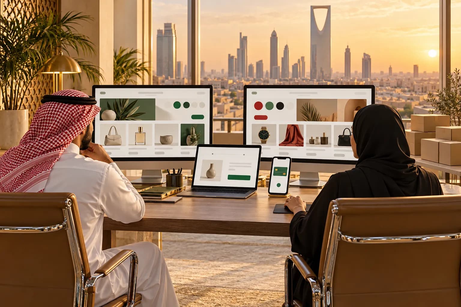 فريق تجارة إلكترونية خليجي يراجع متجرين إلكترونيين جنباً إلى جنب على شاشتين كبيرتين، متجر للإمارات وآخر للسعودية