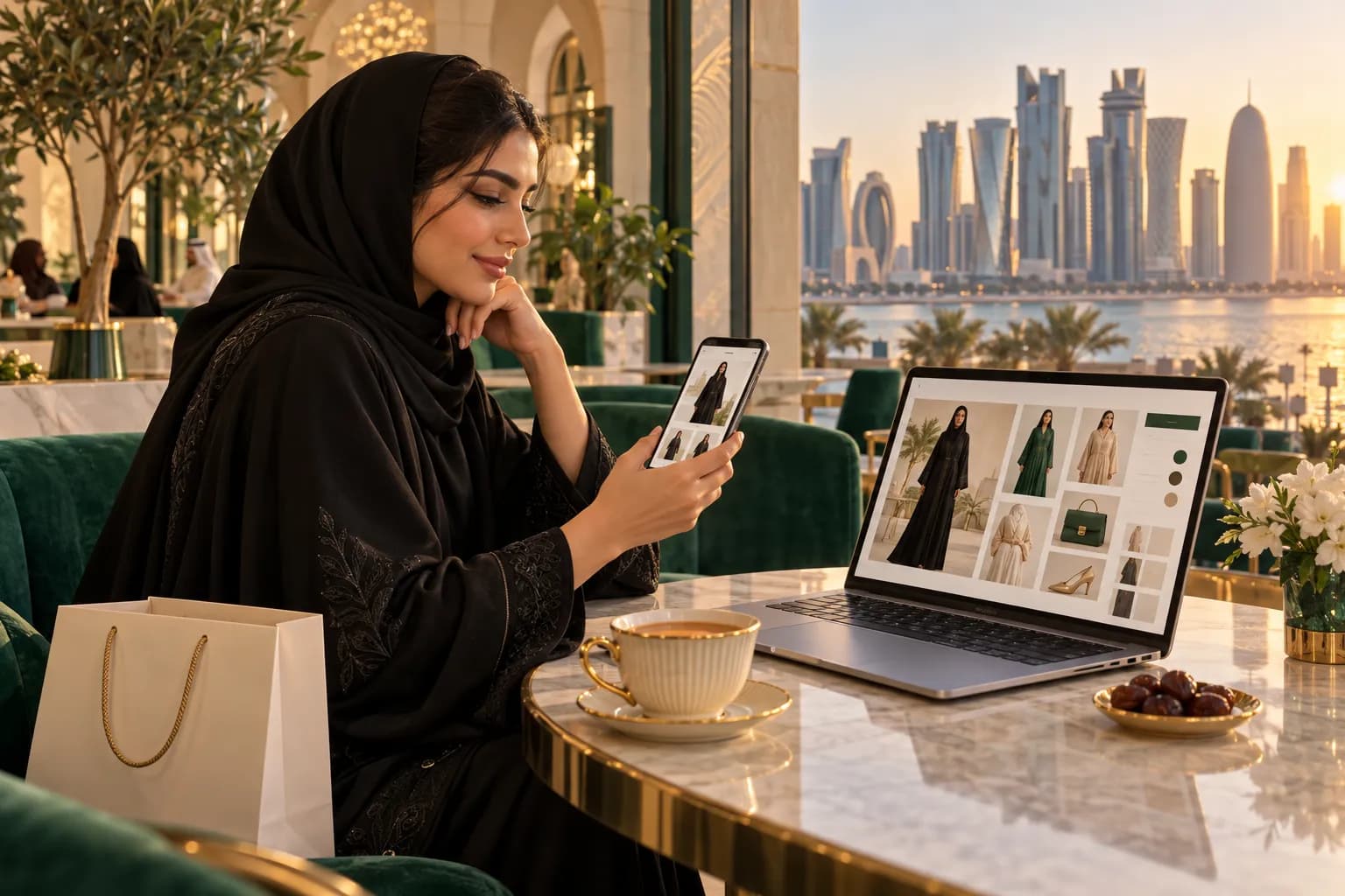 شابة قطرية بعباءة تتصفح متجر أزياء ثنائي اللغة على جوالها في مقهى مشرق بالدوحة، وأمامها حاسوب يعرض المتجر نفسه بالعربية