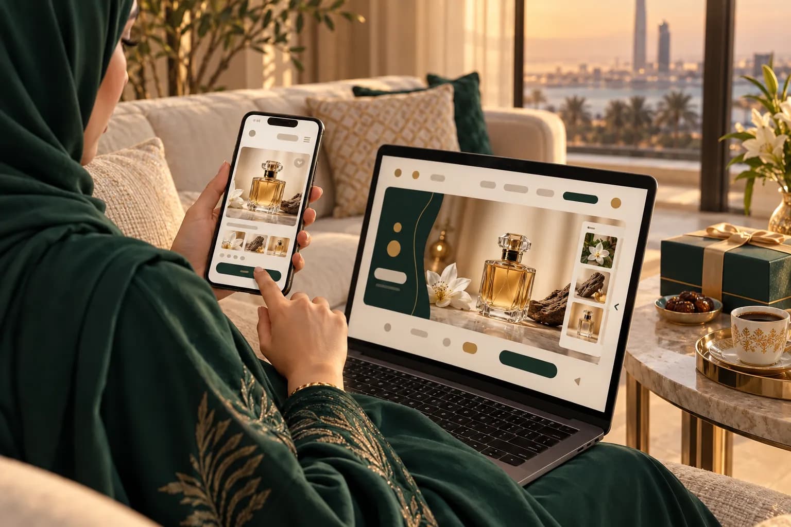 A Saudi shopper on a sofa browsing a right-to-left Arabic product page on her smartphone