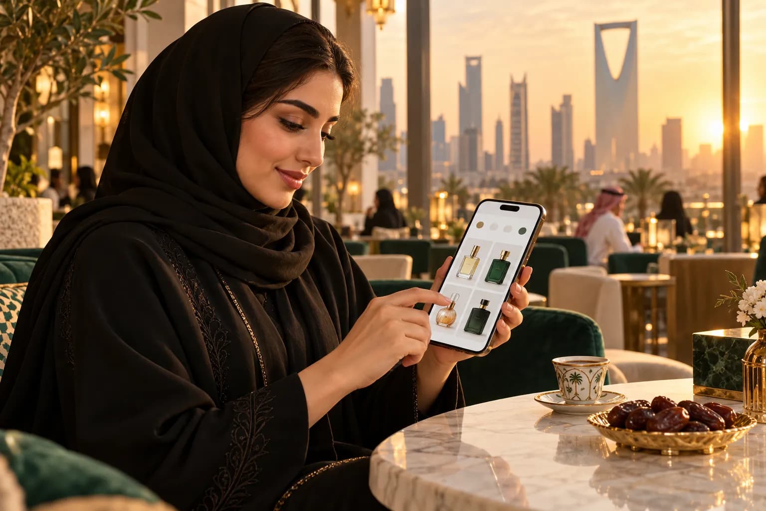 A Saudi woman in a modest abaya browsing an Arabic product collection page on her phone in a bright Riyadh café
