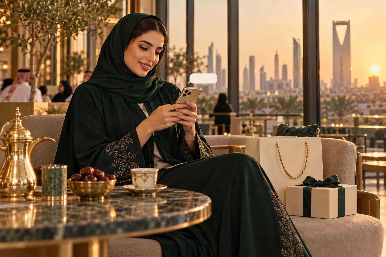 عميلة سعودية في مقهى بالرياض تقرأ رسالة نصية ترويجية قصيرة على جوالها