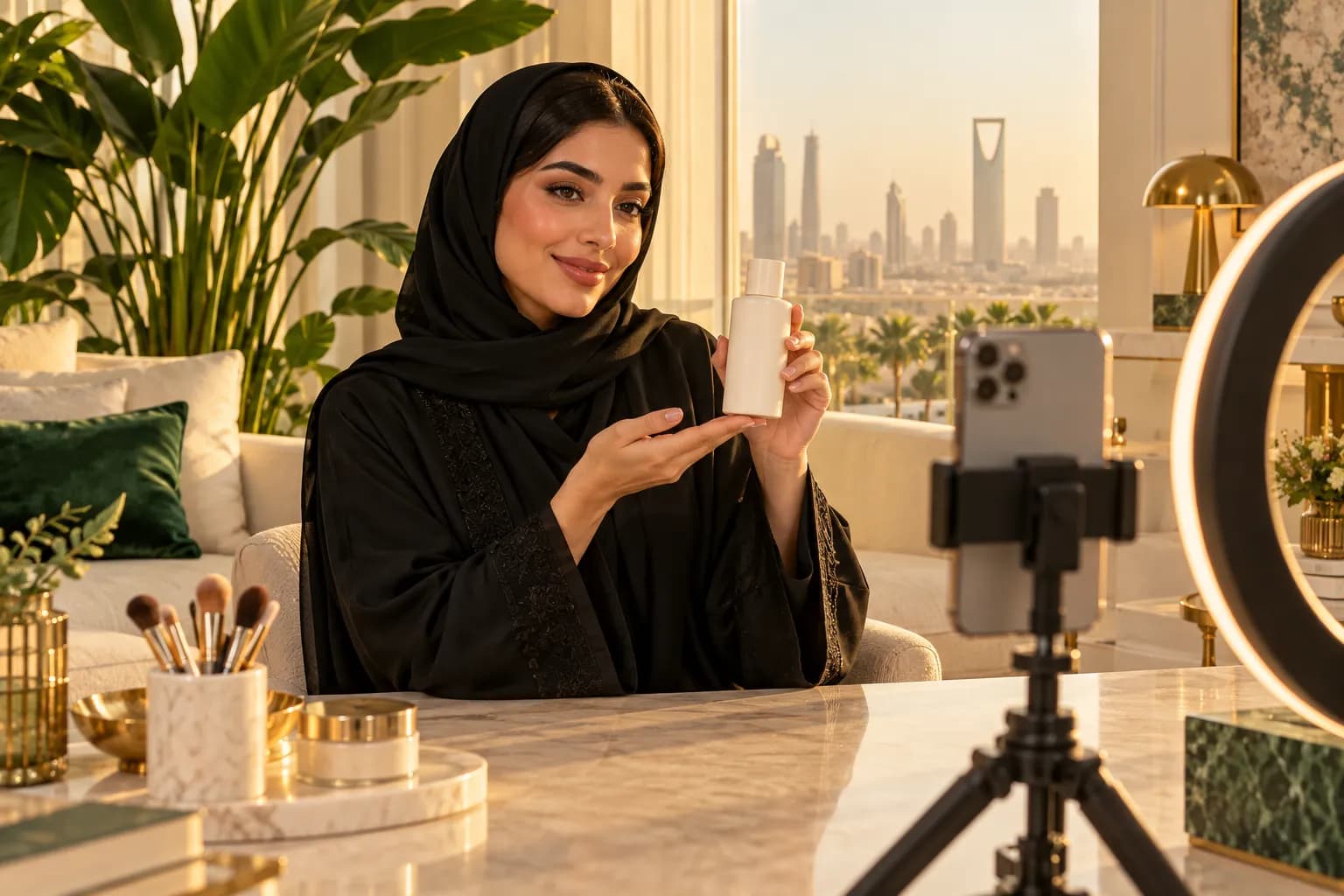 A young Saudi woman in a modest abaya filming a skincare product with her phone on a tripod in a bright Riyadh apartment