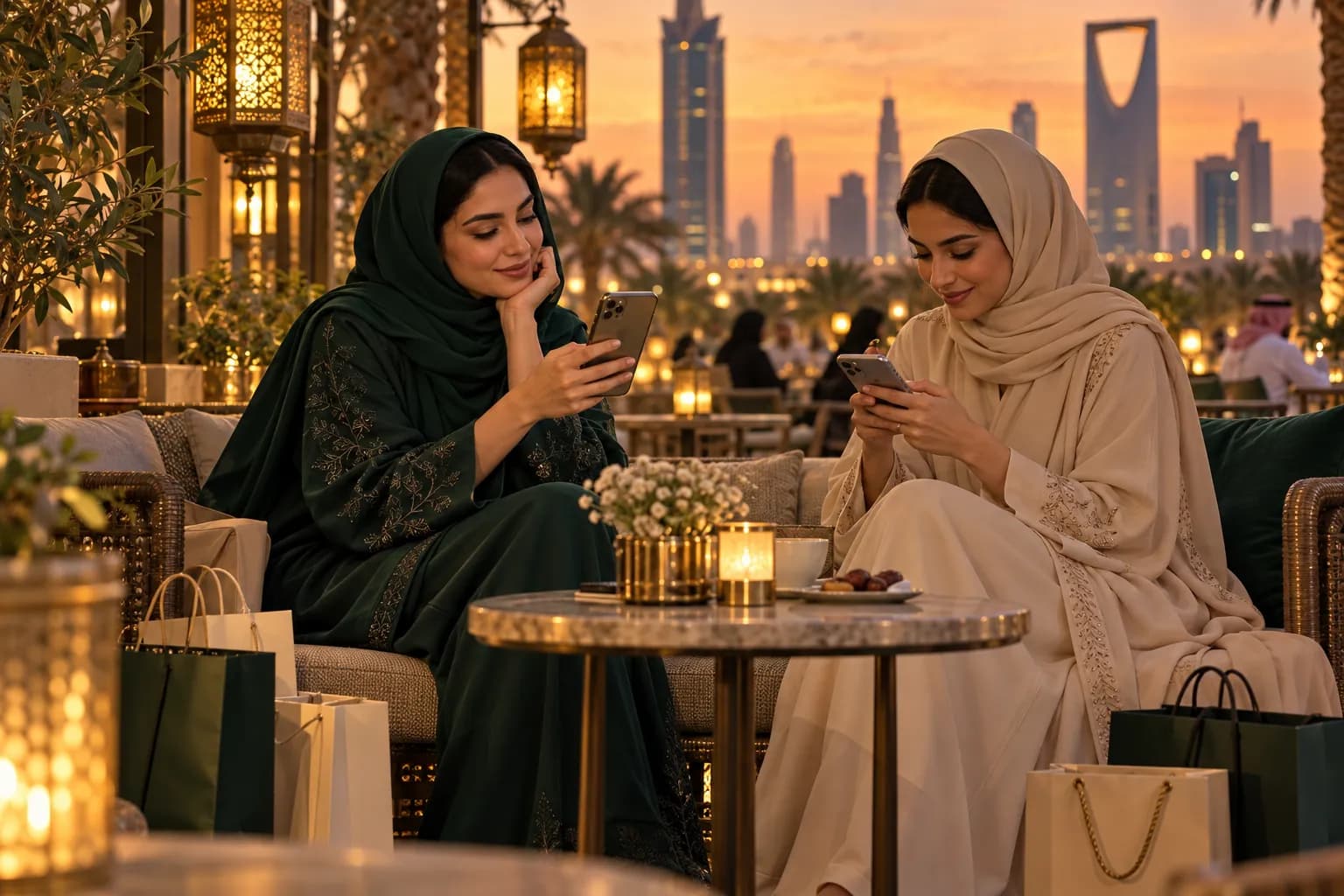 Two young Gulf friends on a Riyadh café terrace at dusk, scrolling short videos and a chat app on their phones, with shopping bags at their feet