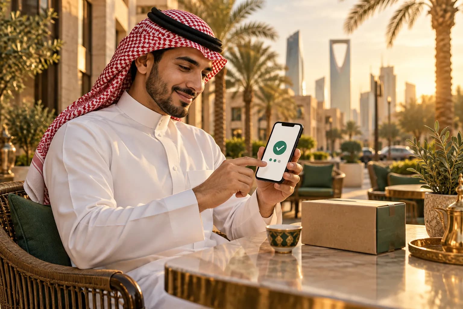 A young man in Riyadh confirming an online payment on his phone with a parcel on the table beside him