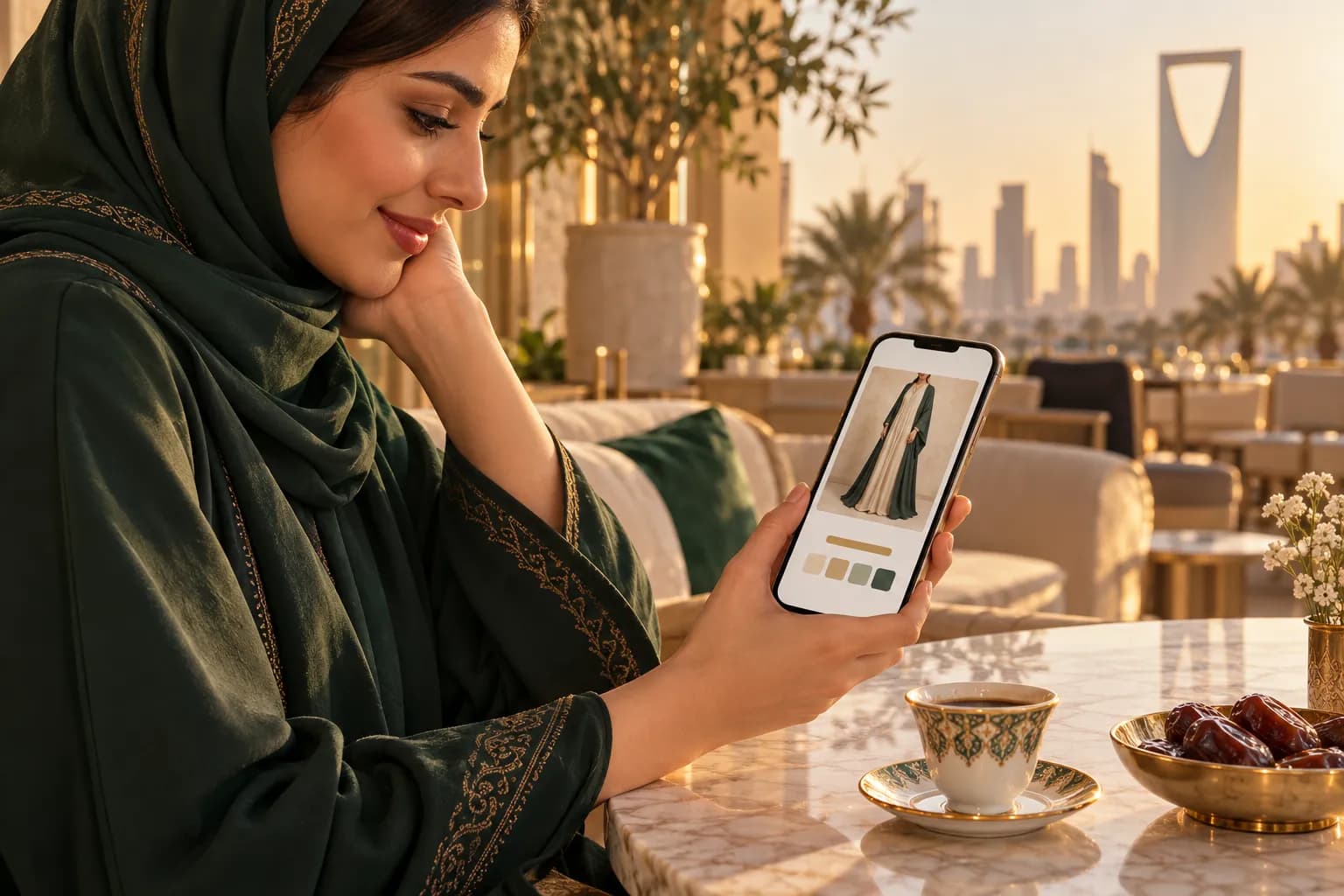 A shopper in Riyadh looking at a product page on her phone with an instalment line under the price