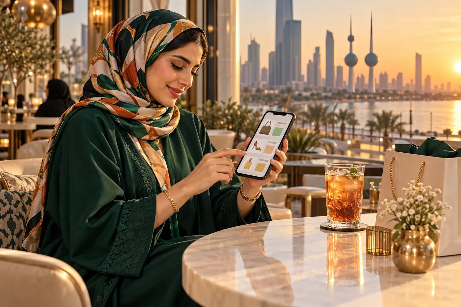 متسوقة كويتية تقارن الأسعار على هاتفها في مقهى مشرق بمدينة الكويت
