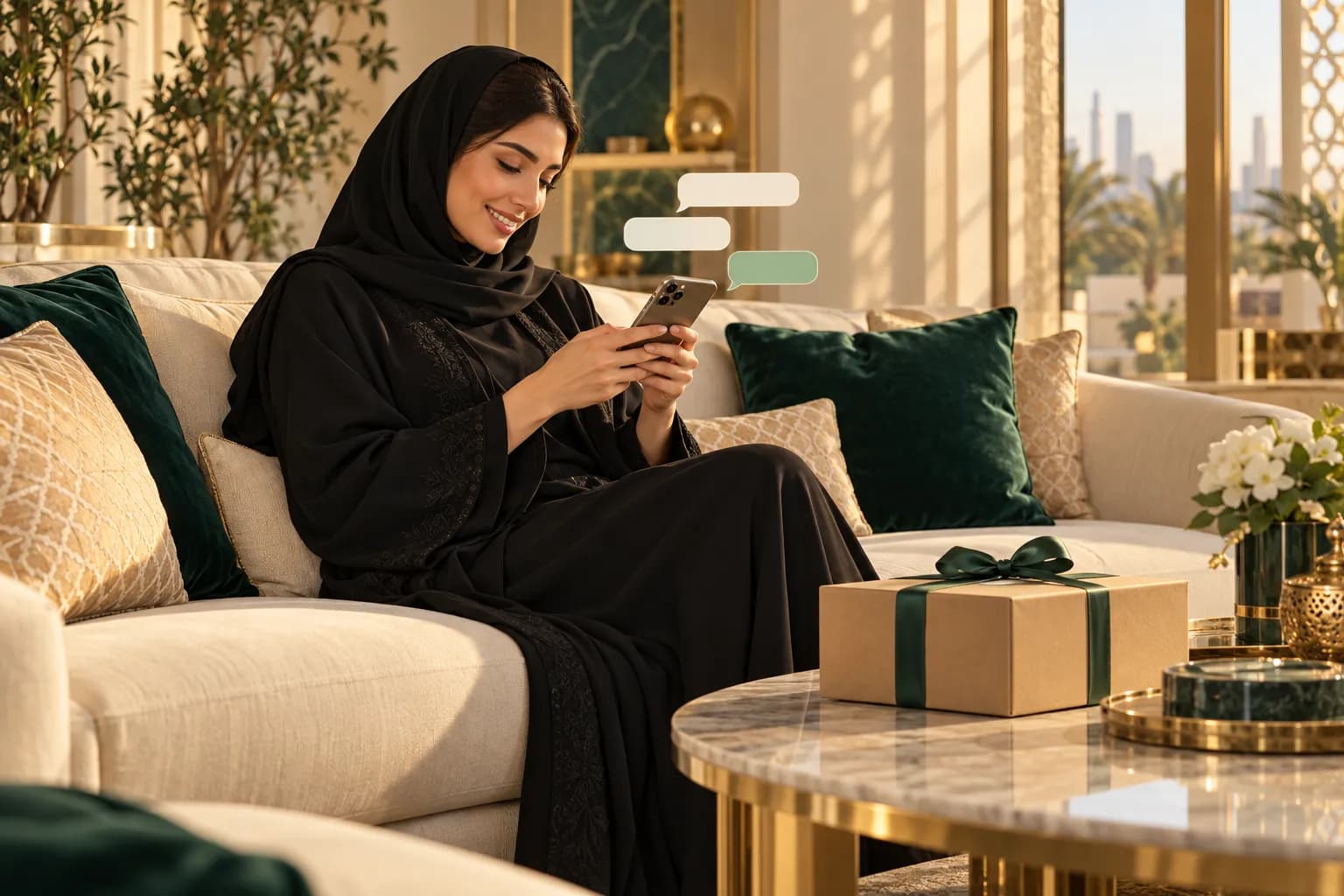 شابة سعودية تجلس مسترخية على أريكة في منزلها وتبتسم لمحادثة على هاتفها، وبجانبها على الطاولة طرد وصل للتو