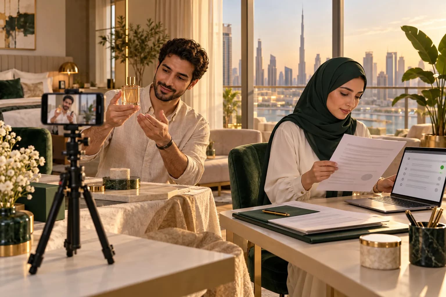 صانع محتوى في دبي يصوّر منتجًا بهاتف على حامل، بينما تراجع مديرة العلامة التجارية عقدًا مطبوعًا بجانبه