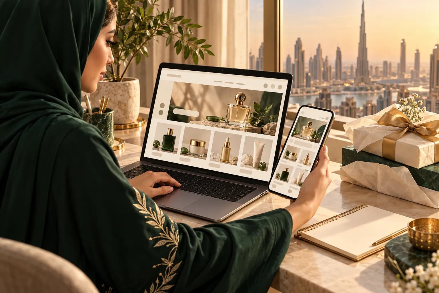 مؤسسة إماراتية شابة في استوديو مشرق في دبي تراجع نسختين إنجليزية وعربية من متجرها الإلكتروني جنباً إلى جنب على حاسوب محمول وجوال