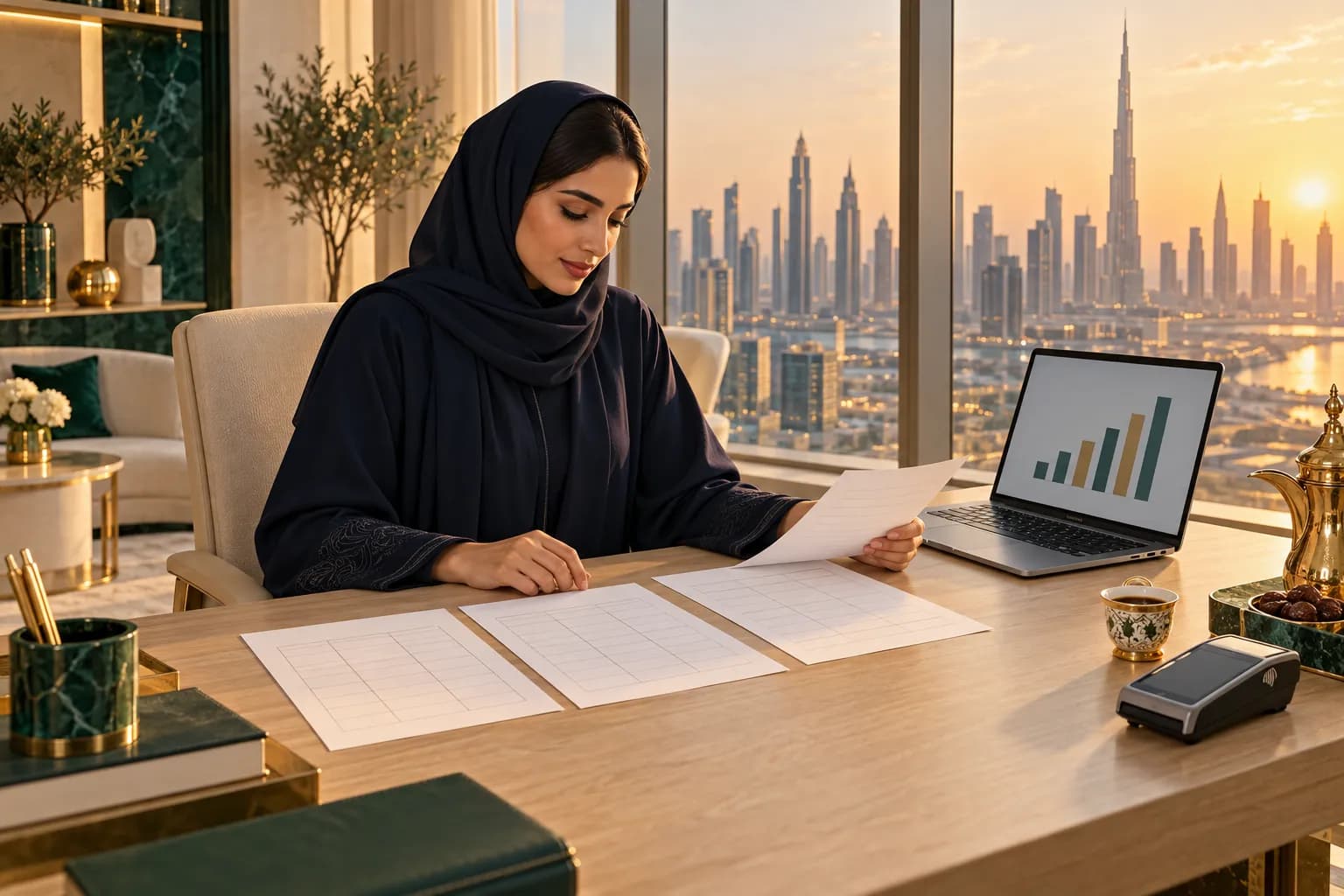 A Dubai store owner at her desk comparing printed payment gateway rate cards beside a laptop showing a monthly sales chart