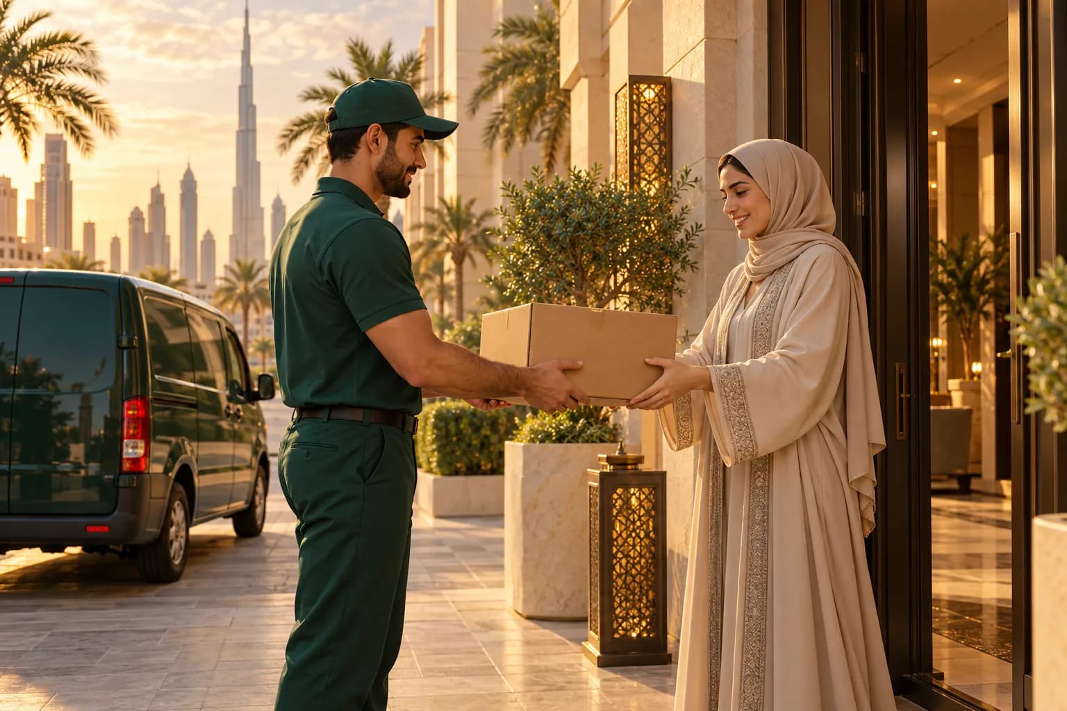 مندوب توصيل يسلّم طردًا لعميلة مبتسمة عند باب مبنى سكني حديث في دبي وقت الغروب