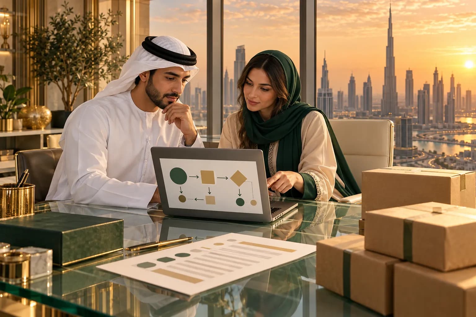 An Emirati tax agent and an online store founder in a Dubai office testing an abstract e-invoice flow on a laptop, with a wholesale order and packed boxes on the desk