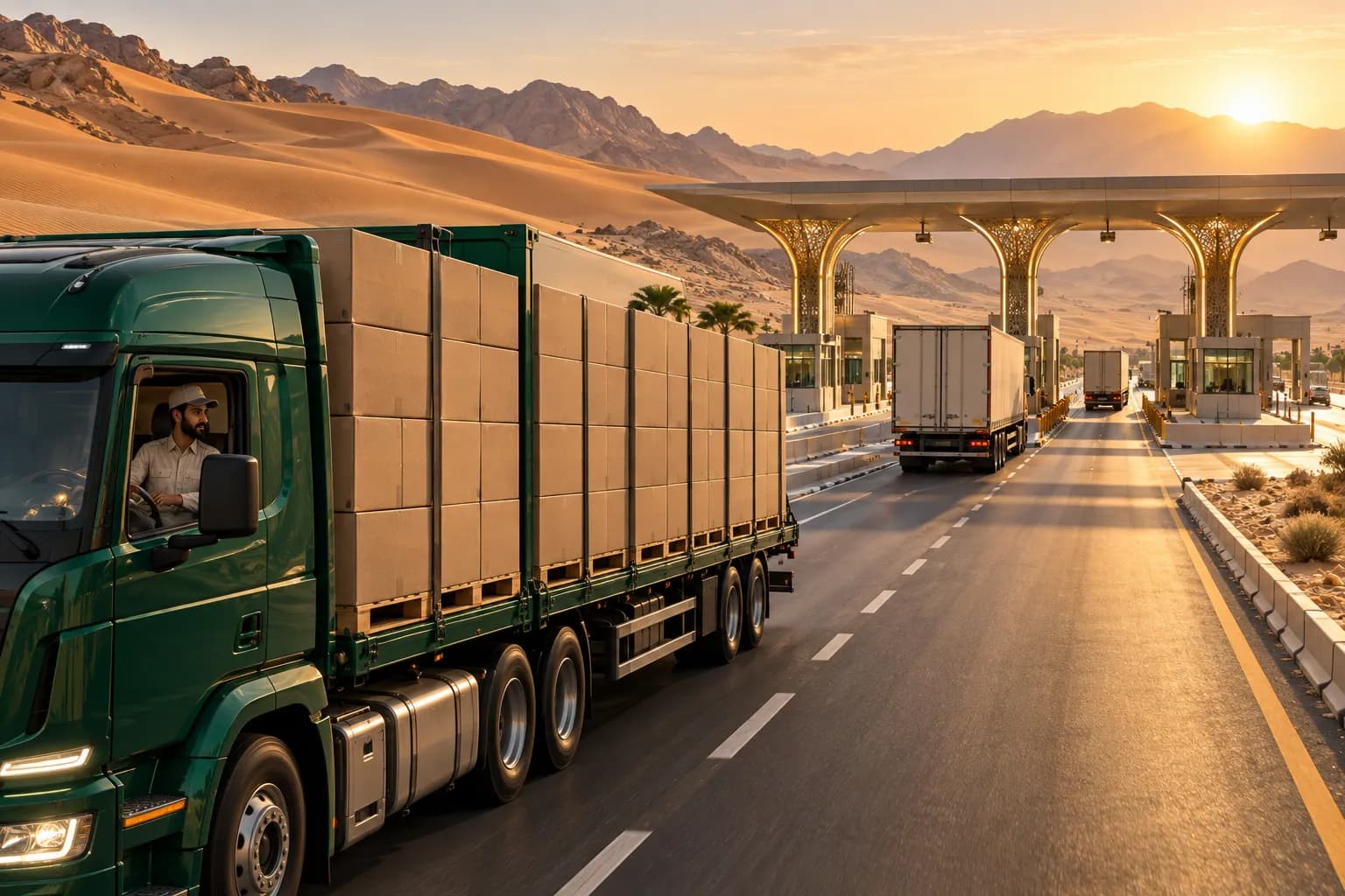 A cargo truck loaded with ecommerce cartons crossing the desert highway from the UAE towards Saudi Arabia at sunrise, with a customs checkpoint canopy ahead