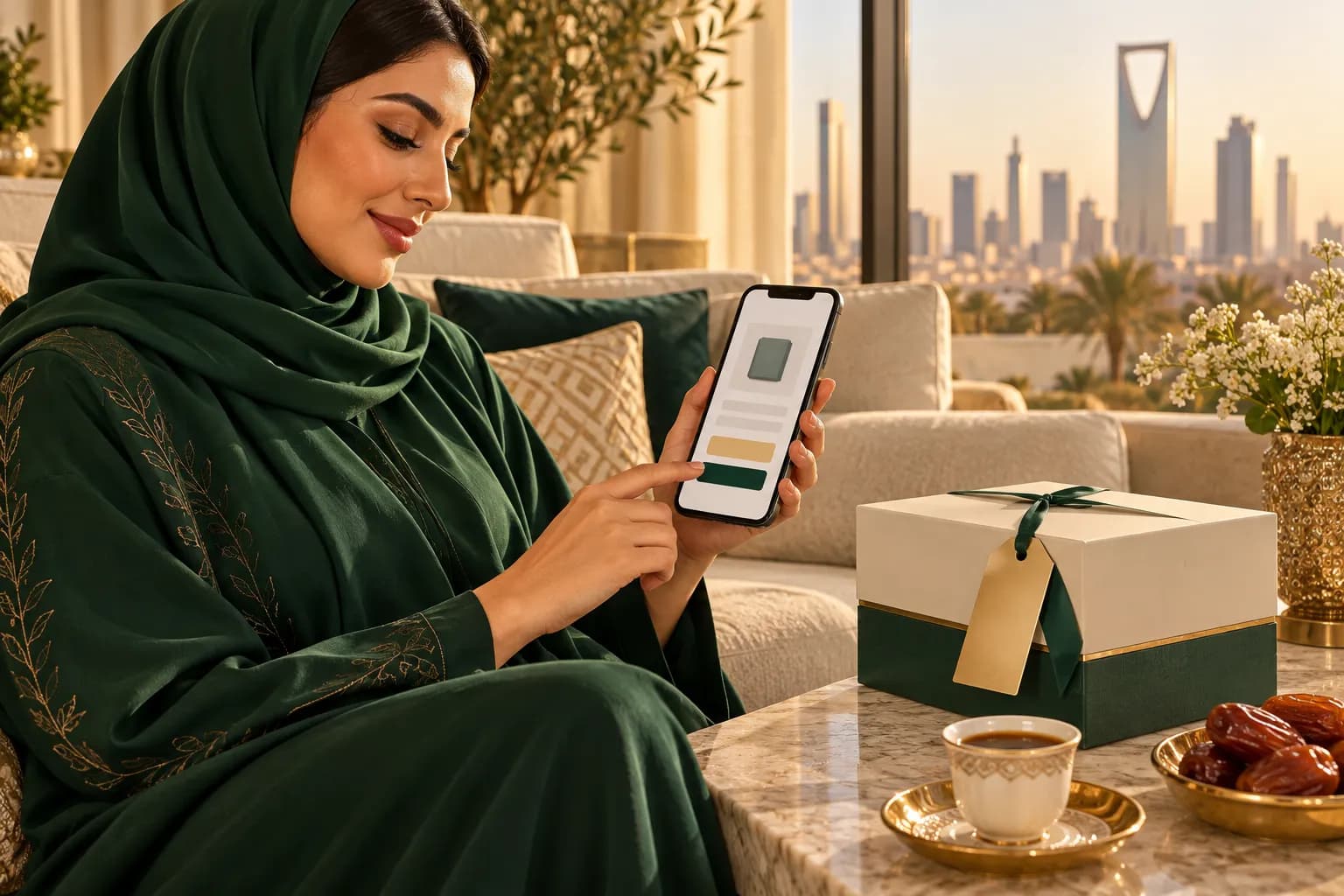 متسوقة سعودية تتحقق من تطابق السعر بين صفحة المنتج وصفحة الدفع على هاتفها