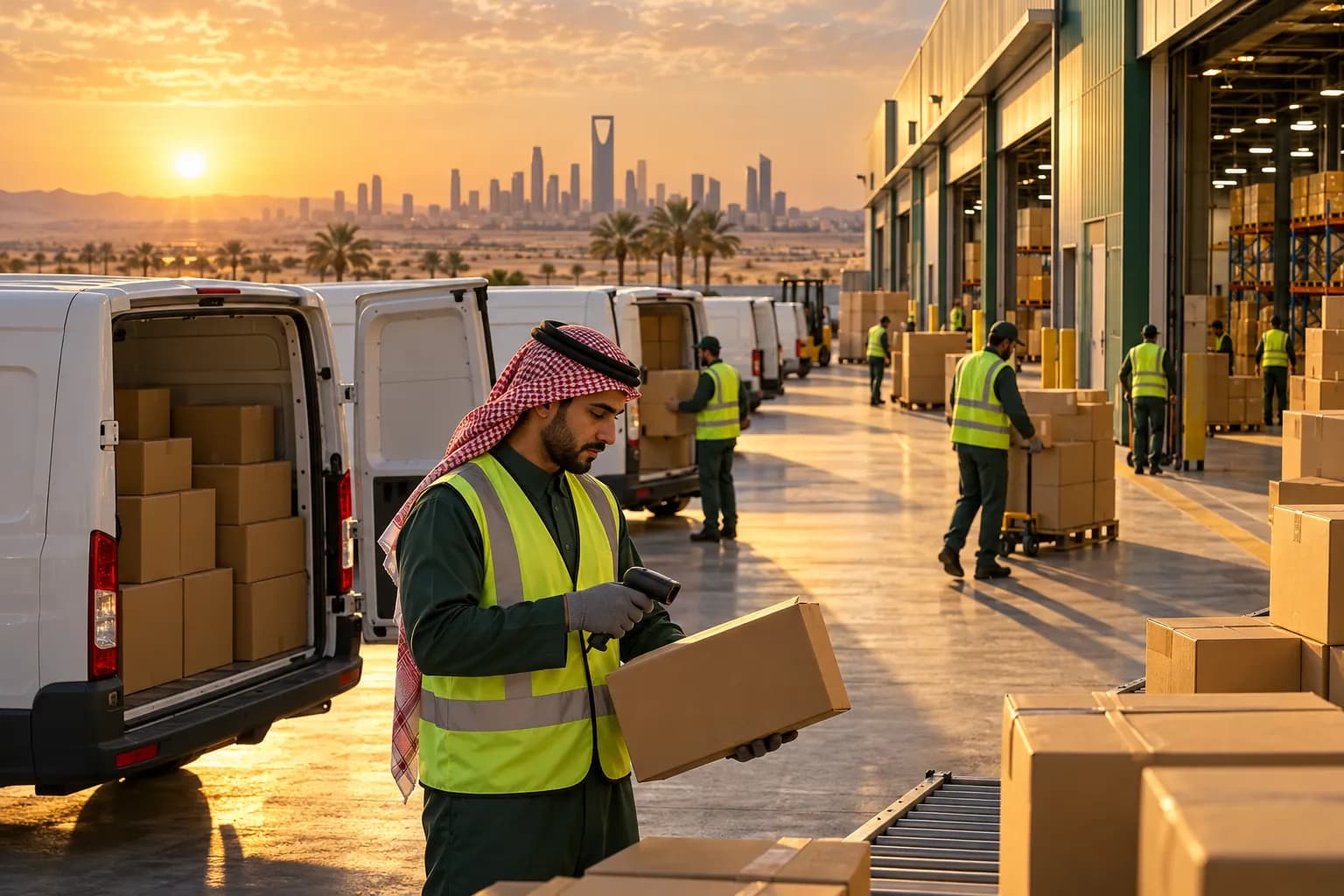 مركز لوجستي حديث في الرياض وقت الغروب مع سيارات توصيل تُحمَّل بالطرود