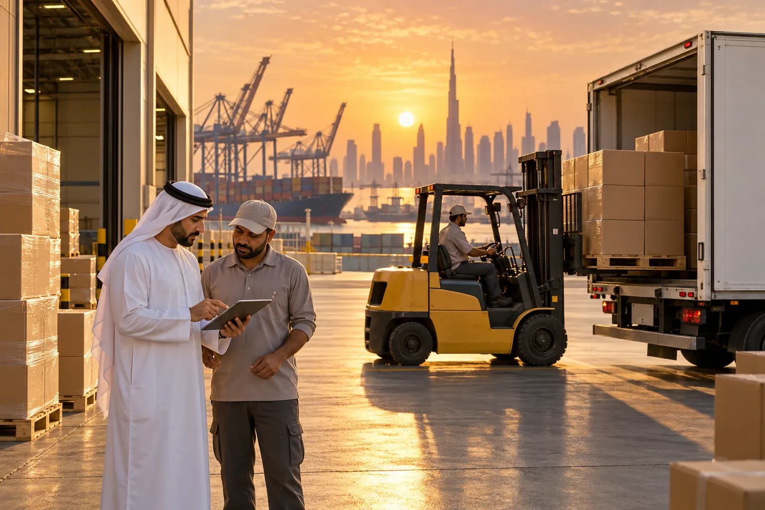 A forklift loading a cleared pallet of cartons onto a delivery truck at a Jebel Ali free-zone warehouse gate, as a logistics manager checks the release papers on a tablet