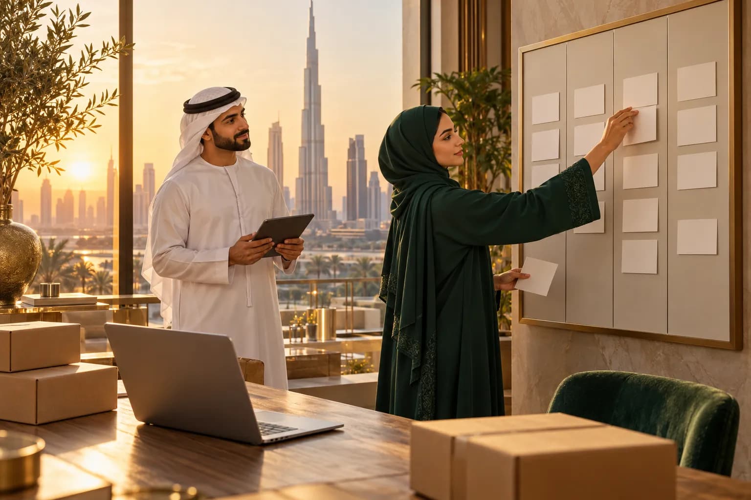 مؤسِّسة في مكتب بدبي ترتّب شركاءها على لوحة حائط من أربعة أعمدة بطاقات فارغة