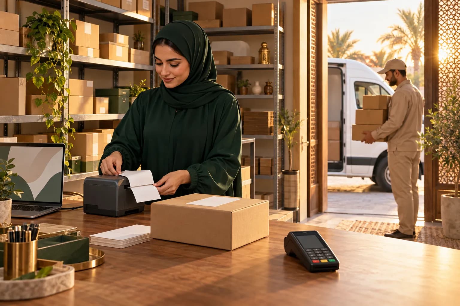 صاحبة متجر سعودي صغير تطبع بوالص الشحن من حاسوبها بجانب طرود مغلّفة، ومندوب شحن يستلم الصناديق عند الباب