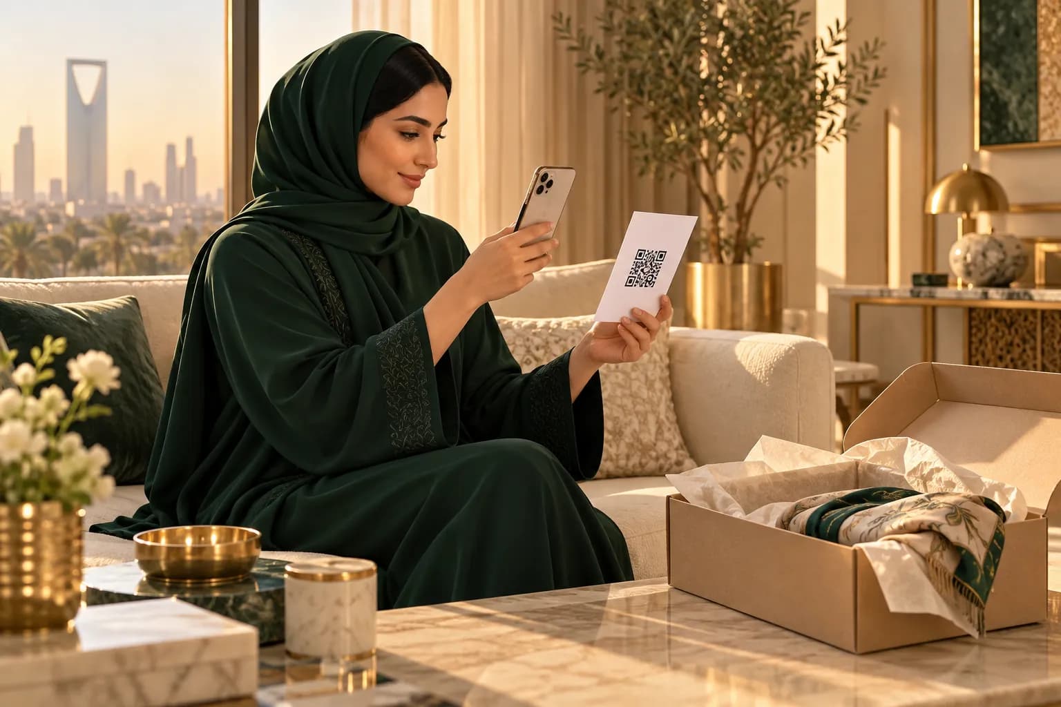متسوقة سعودية في منزلها تمسح بهاتفها رمز QR على إيصال طلب مطبوع، وبجانبها طرد مفتوح