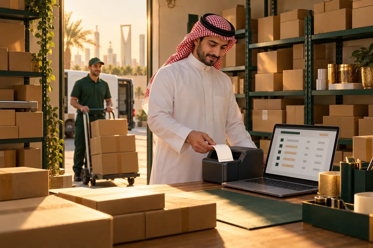 صاحب محل سعودي يطبع بوالص الشحن بجانب طرود مجهزة في مستودع صغير بالرياض